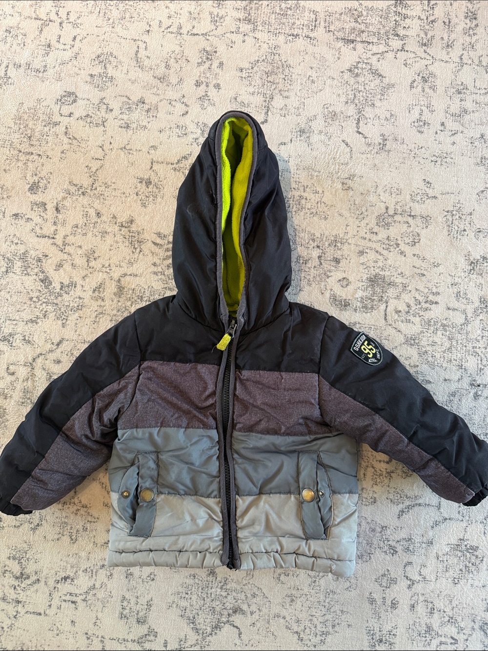 OshKosh B'gosh Colorblock Hooded Puffer Jacket - Black, Gray & Lime